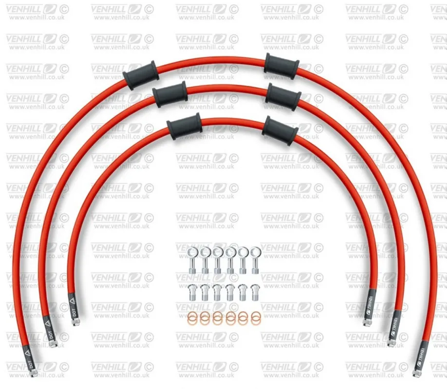 Expresní Doručení STANDARD Hadice přední brzdy sada Venhill POWERHOSEPLUS YAM-13008F-RD (3 hadice v sadě) červené hadice, chromové koncovky