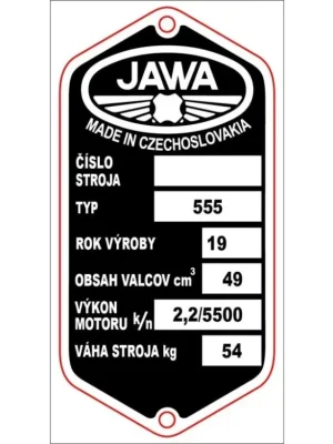 Výrobní štítek s nýty ,,JAWA 555 Kup Teď