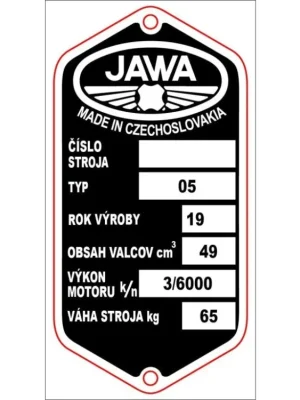 Výrobní štítek s nýty ,,JAWA 05 Novinka