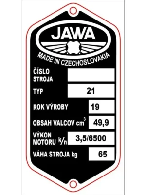 Výrobní štítek s nýty ,,JAWA 21 Expresní Doručení