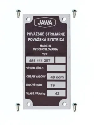 Výrobní štítek s nýty ,,JAWA, BABETTA 207 -M Časově Omezené
